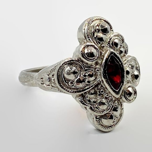 Ornate Ring, Red, Sterling Silver, Vintage, Size 7 1/2, Faux Garnet, Art Nouveau - Picture 1 of 6
